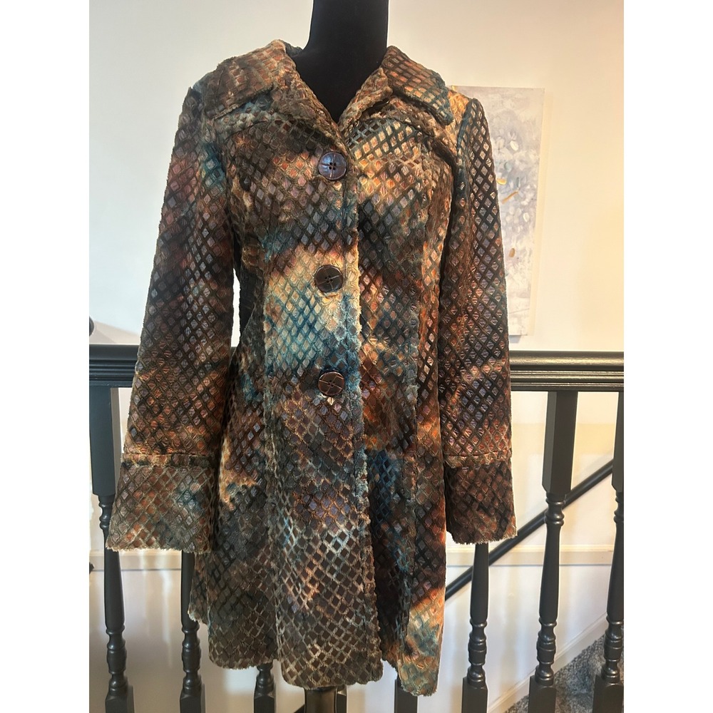 Ivy Jane Womens Multi Color Faux Fur Diamond Lattice Car Coat Jacket Brown M